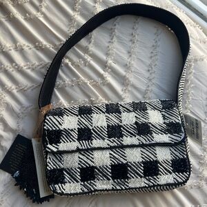 Black and White Beaded Checkered Women's Bag